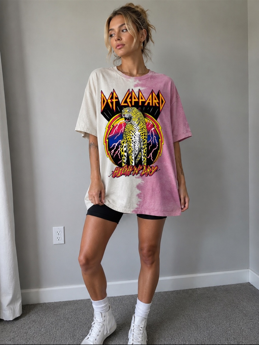 Def Leppard High ‘N’ Dry Pink Bleached Band Graphic Tee Medium Rock Tour Shirt